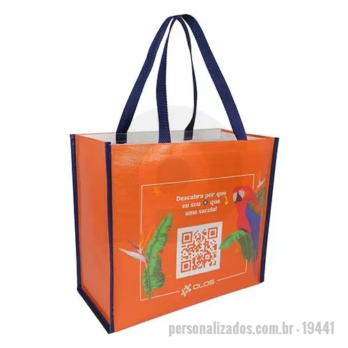 Sacola de ráfia personalizada - Sacola de  ráfia  laminada 120G. Acabamento em costura e impressão digital U.V