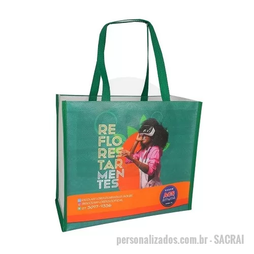 Sacola de ráfia personalizada - Sacola em Ráfia Laminada (PP) com Impressão Digital UV - tinta sem solventes - ecologicamente correta - qualidade fotográfica / e ou silk. Tamanho  l 40 cm larg. x 35 cm alt. x 18 cm laterais - fole. alça em nylon 50/60 cm (mão / ombro), Viés (Debrum) em TNT / Nylon. Impressão Digital 