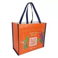 Sacola de  ráfia  laminada 120G. Acabamento em costura e impressão digital U.V