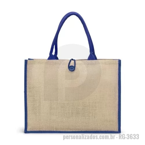 Sacola de tecido personalizada - Sacola de juta com botão de fechamento. Alças permitem uso no ombro ou na mão.