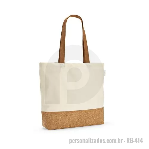 Sacola de tecido personalizada - Sacola em 70% algodão reciclado e 30% poliéster reciclado (220 g/m²) com fundo em cortiça. Alças em webbing com 65 cm.