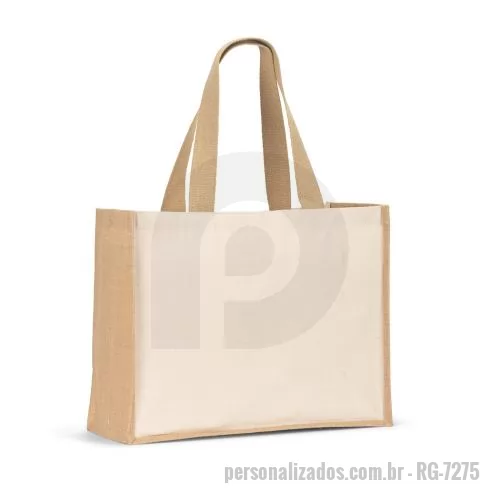 Sacola de tecido personalizada - Sacola em canvas (320 g/m²), com fundo e laterais em juta laminada (350 g/m²) de tons naturais. Alças com 60 cm.