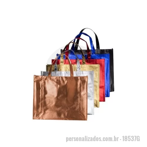 Sacola de TNT metalizado personalizada - Tecido não tecido, 80 g/m² . Tamanhos: 40,5x50x14cm. Personalização: Silkscreen. Cores: Prata, preto, Cobre, dourado, vermelho, Azul, Verde