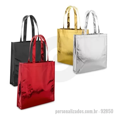 Sacola de TNT metalizado personalizada - Sacola em non-woven laminado (90 g/m²) com alças de 50 cm e com laminação brilhante. 340 x 350 x 80 mm