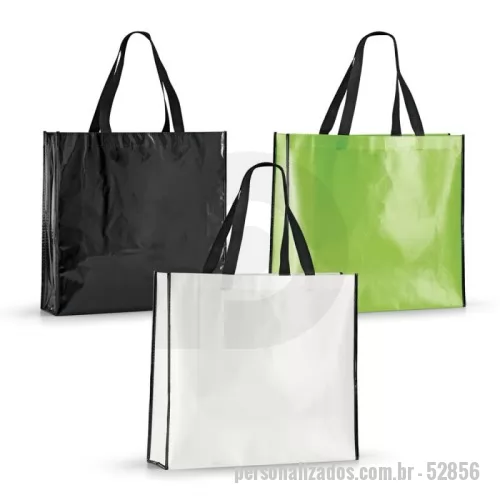 Sacola de TNT metalizado personalizada - Sacola em non-woven laminado (120 g/m²) com laminação brilhante. Alças em webbing de 60 cm. 420 x 380 x 150 mm