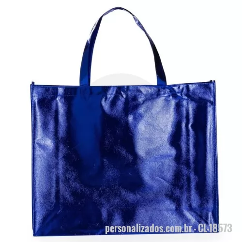 Sacola de TNT metalizado personalizada - Sacola TNT metalizada 120g/m² com botão. Confeccionado em TNT com revestimento laminado, parte superior possui botão plástico para fecho.