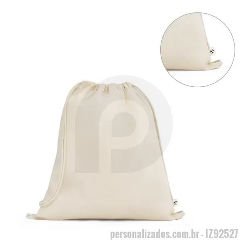 Sacola dobrável personalizada - Sacola tipo mochila 100% algodão orgânico (140 g/m²), com alças em algodão para fechar. 370 x 410 mm