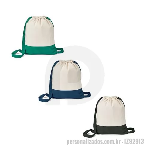 Sacola dobrável personalizada - Sacola tipo mochila 100% algodão (180 g/m²), com alças para fechar na parte superior. 350 x 430 mm