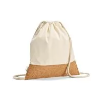 Sacola tipo mochila em 70% algodão reciclado e 30% poliéster reciclado (180 g/m²) com base em cortiça. Alças em algodão. 370 x 410 mm