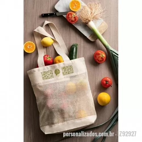 Sacola ecológica dobrável personalizada - Sacola 100% algodão (180 g/m²) com malha 100% algodão na parte frontal. Alças em webbing com 65 cm. Sacola ideal para compras. 390 x 430 x 80 mm