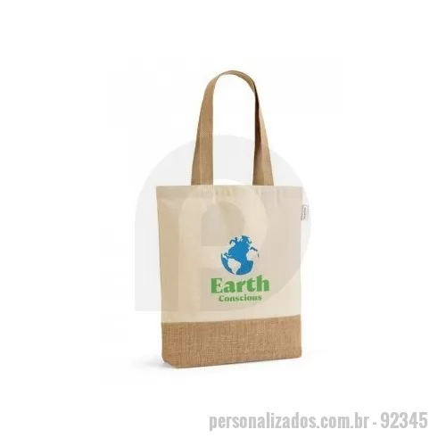 Sacola ecológica personalizada - Sacola em 70% algodão reciclado e 30% poliéster reciclado (180 g/m²) com base em juta. Alças em webbing com 65 cm. 380 x 400 x 80 mm