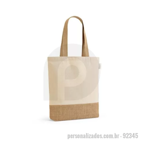 Sacola ecológica personalizada - Sacola em 70% algodão reciclado e 30% poliéster reciclado (180 g/m²) com base em juta. Alças em webbing com 65 cm. 380 x 400 x 80 mm