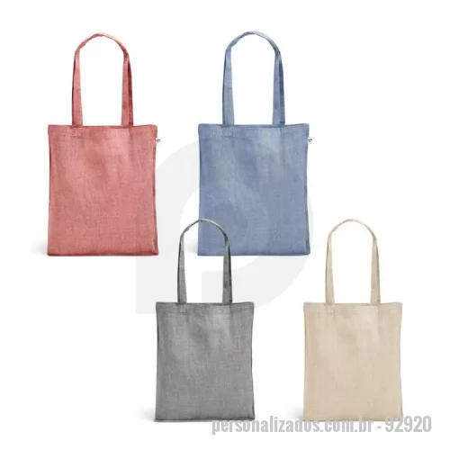 Sacola ecológica personalizada - Sacola dobrável em 70% algodão reciclado e 30% poliéster reciclado (140 g/m²) com alças de 65 cm. O tecido é sem tingimento, e utilizado na sua cor original, sem produtos químicos de tingimento ou branqueamento, contribuindo para um menor impacto ambiental. 380 x 420 mm