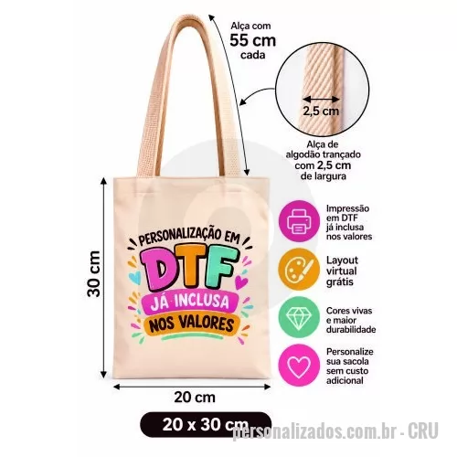 Sacola ecológica personalizada - Sacola Ecologica em Algodão Cru 160gr - Tamanho 20L x 30A
