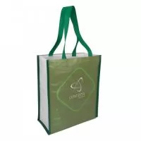  Sacola de  ráfia  laminada 120G. Acabamento em costura e impressão digital U.V