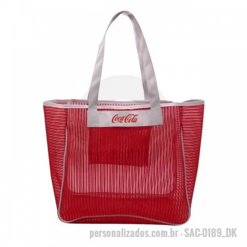 Sacola personalizada - Sacola em tela com listras, tamanho de 35x32x15 cm, alça em nylon 600, acabamento com viés e vivo. Bolso interno com zíper no tamanho de 14x18 cm.