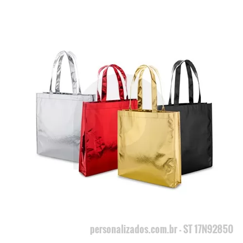 Sacola personalizada - Sacolas Personalizadas em TNT, Medidas 340 x 350 x 80 mm, Material TNT Laminado, Cores Preto, vermelho, dourado e prata