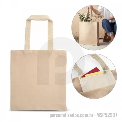 Sacola personalizada - Sacola em juco (275 g/m²) com bolso interior 100% algodão (120 g/m²) com fecho e alças de 60 cm. Pegas em webbing de algodão bicolor. 370 x 410 x 90 mm