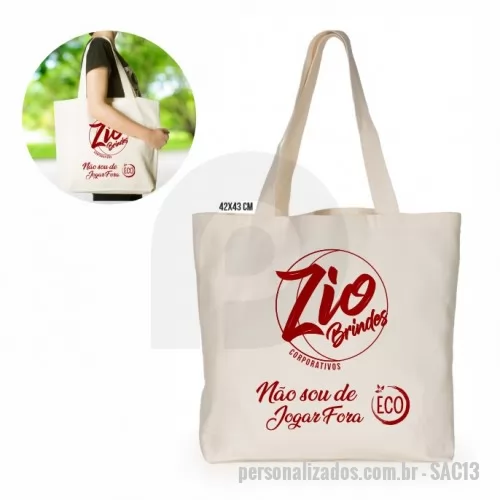 Sacola personalizada - Sacola/Bolsa – SAC13 produzida em Algodão Cru. Contém duas alças costuradas, pode ser personalizada em silkscreen. Medidas 42cm X 43cm X 10cm.