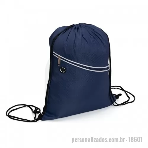 Sacola personalizada - Mochila saco em fibra de poliéster resistente à água com bolso frontal e entrada para fones de ouvido.