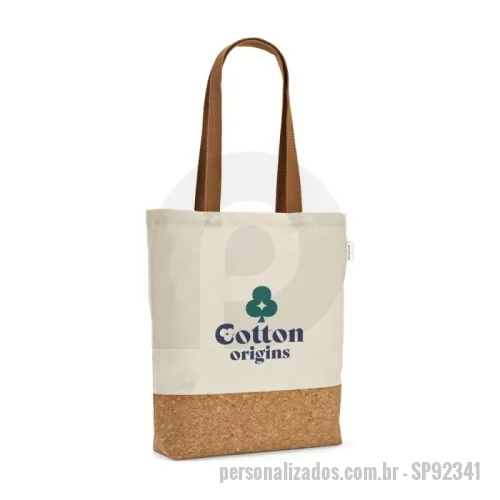 Sacola personalizada - Sacola em 70% algodão reciclado e 30% poliéster reciclado (180 g/m²) com fundo em cortiça. Alças em webbing com 65 cm. 380 x 400 x 80 mm. ALÉM DESSE PRODUTO TEMOS OUTROS MODELOS EMAIS DE 3.000 ITENS EM NOSSO CATÁLOGO