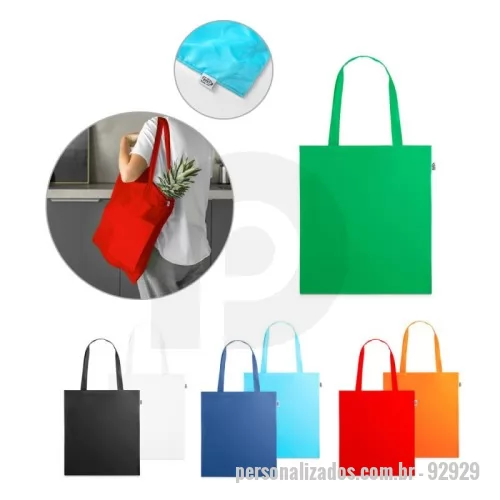 Sacola personalizada - Sacola 100% poliéster reciclado 190T (100% rPET). Produzida a partir de plástico reciclado contribuindo para a redução dos resíduos no meio ambiente. Alças de 55 cm. 380 x 420 mm