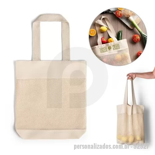 Sacola personalizada - Sacola em 100% algodão (180 g/m²) com malha 100% algodão (100 g/m²) na parte frontal. Alças em webbing com 65 cm. Sacola ideal para compras. 390 x 430 x 80 mm