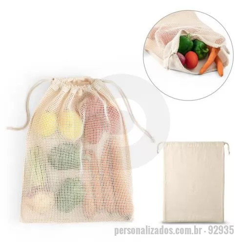 Sacola personalizada - Sacola Personalizada - 92935 - Sacola 100% algodão (120 g/m²) com malha 100% algodão na parte frontal (100 g/m²) e cordões em algodão para fechar. Sacola ideal para levar alimentos. 300 x 400 mm - 179432 - Sacola