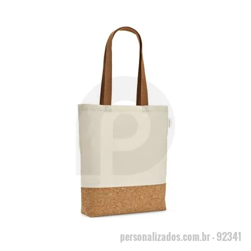 Sacola personalizada - Sacola em 70% algodão reciclado e 30% poliéster reciclado (180 g/m²) com fundo em cortiça. Alças em webbing com 65 cm. 380 x 400 x 80 mm