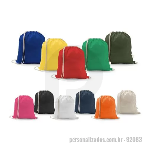 Sacola personalizada - Sacola tipo mochila em 70% algodão reciclado e 30% poliéster reciclado (150 g/m²), com alças de algodão. O tecido é sem tingimento, e utilizado na sua cor original, sem produtos químicos de tingimento ou branqueamento, contribuindo para um menor impa