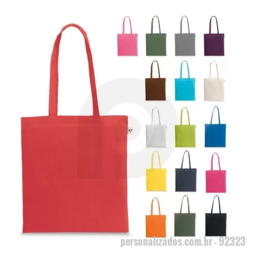 Sacola personalizada - Sacola em 70% algodão reciclado e 30% poliéster reciclado (150 g/m²), com alças de 65 cm. O tecido é sem tingimento, e utilizado na sua cor original, sem produtos químicos de tingimento ou branqueamento, contribuindo para um menor impacto ambiental. 380 x 420 mm