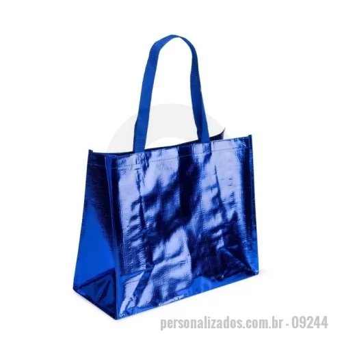 Sacola personalizada - acola confeccionada em malha de polipropileno (PP) woven com revestimento externo metalizado em filme de alumínio e duas alças costuradas em poliéster.