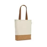 Sacola em 70% algodão reciclado e 30% poliéster reciclado (180 g/m²) com fundo em cortiça. Alças em webbing com 65 cm. 380 x 400 x 80 mm