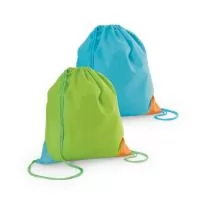 Sacola tipo mochila em non-woven (80 g/m²) com cantos triangulares coloridos. 300 x 350 mm