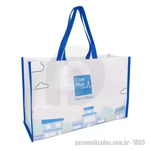 Sacola Reutilizável personalizada - Medidas: 550x350x200mm Material: Ráfia 120 Acabamento em costura Impressão digital U.V.