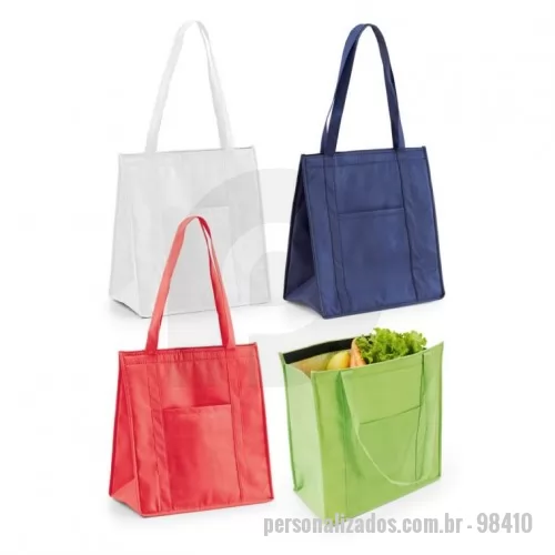 Sacola térmica personalizada - Sacola térmica em non-woven (80 g/m²) com fechamento em velcro e bolso frontal. Capacidade até 10 L. Food grade. 320 x 350 x 170 mm