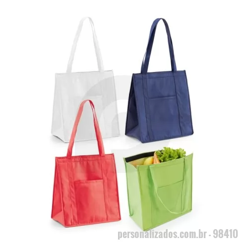 Sacola térmica personalizada - Sacola térmica em non-woven (80 g/m²) com fechamento em velcro e bolso frontal. Capacidade até 10 L. Certificação EU Food Grade. 
