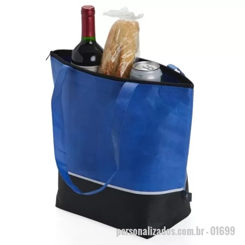 Sacola térmica personalizada - Sacola térmica de rPET com capacidade de 10 litros, contém fechamento com zíper.