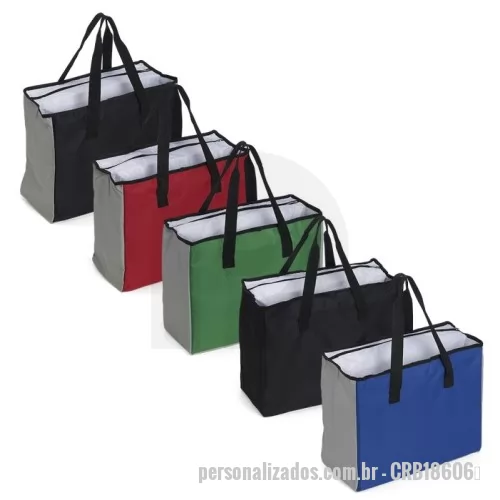 Sacola térmica personalizada - Sacola térmica de poliéster 25 litros com duas divisões, sendo uma delas com revestimento térmico e outra com bolso para acessórios.