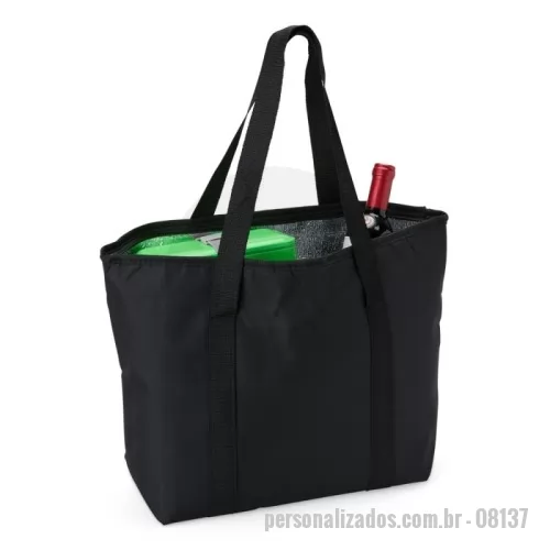 Sacola térmica personalizada - Descrição: Essa sacola térmica 16 litros é perfeita para quem precisa de praticidade e espaço no dia a dia. Feita de poliéster durável, ela possui material térmico interno que mantém seus alimentos frescos por mais tempo. Com ótima capacidade e alça confortável, é ideal para passeios, compras ou viagens. Espaçosa, leve e funcional, é a escolha certa para quem busca facilidade no transporte e conservação dos itens.  Altura :  33,1 cm  Largura :  44 cm  Profundidade :  15 cm  Comprimento :  Alça: 37 cm