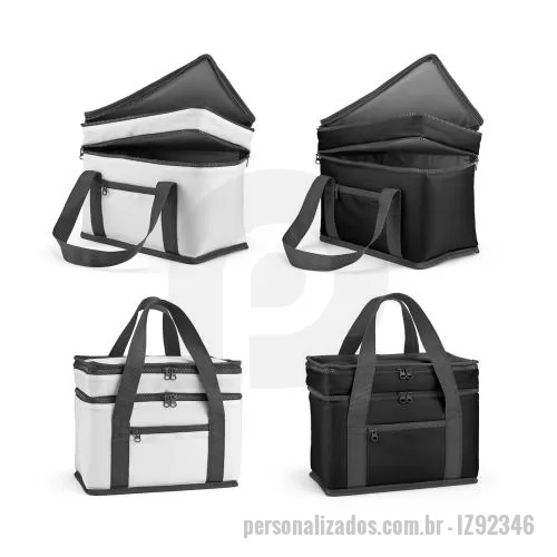 Sacola térmica personalizada - Sacola térmica em poliéster reciclado 600D. Contém 2 compartimentos principais com isolamento em PEVA para facilitar a higienização e um bolso frontal com zíper. Capacidade até 9.5 L. Certificação EU Food Grade. 280 x 230 x 160 mm