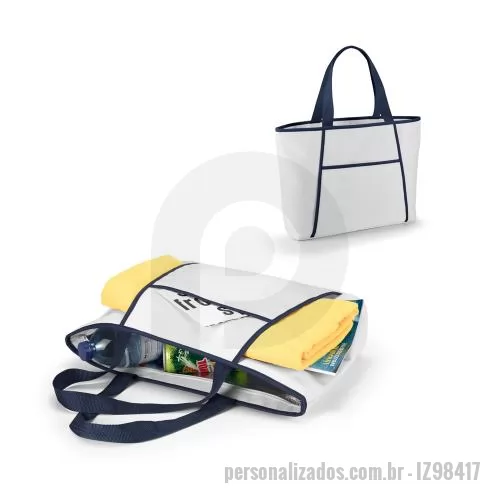 Sacola térmica personalizada - Sacola térmica em 600D com zíper e alças webbing com 55 cm. Contém um compartimento exterior aberto que contém um bolso frontal. Ideal para levar para a praia. Capacidade até 14 L. Certificação EU Food Grade. 470 x 305 x 120 mm