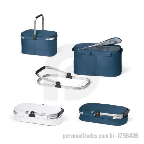 Sacola térmica personalizada - Sacola térmica flexível em 600D com zíper duplo e interior forrado. Estrutura removível em alumínio, com pega ergonômica em EVA. Capacidade até 25 L. Certificação EU Food Grade. 460 x 270 x 250 mm