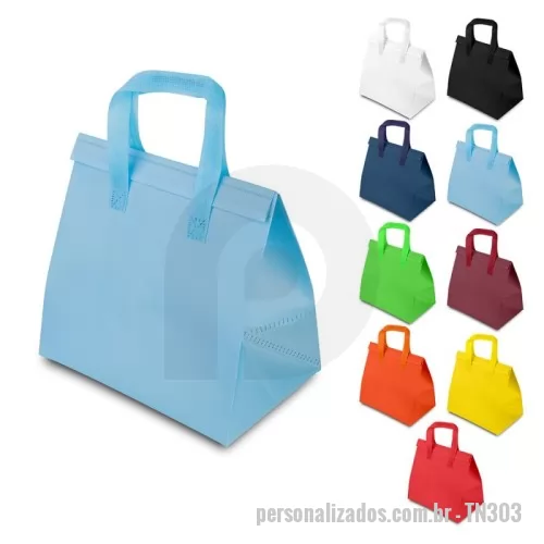 Sacola térmica personalizada - Sacola térmica 20L em PP com laminação em TNT de 180g/m², possui fita adesiva para fechamento, interior soldado. Gravação da logomarca em 1 cor já incluso.
