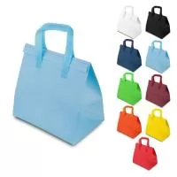 Sacola térmica 20L em PP com laminação em TNT de 180g/m², possui fita adesiva para fechamento, interior soldado. Gravação da logomarca em 1 cor já incluso.