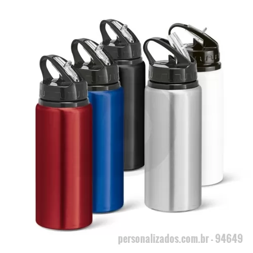 Squeeze automático personalizado - Squeeze em alumínio e tampa PP, com bico de canudo flip e canudo flexível no interior. Capacidade até 670 mL. Caixa branca 