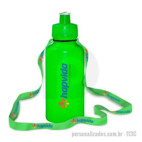 squeeze com cordão personalizado - Squeeze com Cordão de PE resistente e flexível, tampa rosqueável em PP, bico em PVC cristal e cordão personalizado 15mm. Acabamento e vedação impecável. Capacidade de 550 mL