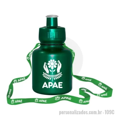 squeeze com cordão personalizado - Squeeze com Cordão de PE resistente e flexível, tampa rosqueável em PP, bico em PVC cristal e cordão personalizado 15mm. Acabamento e vedação impecável. Capacidade de 300 mL