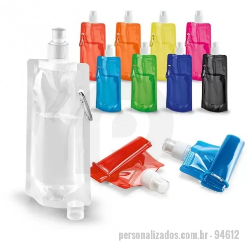 Squeeze dobrável personalizado - Squeeze dobrável. PE. Capacidade até 460 ml. Acabamento translúcido. Food grade