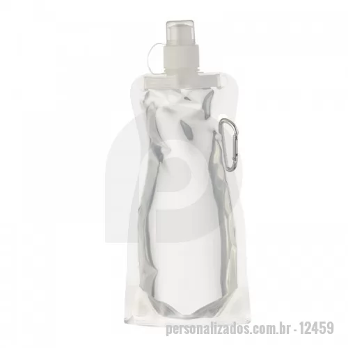 Squeeze dobrável personalizado - Squeeze dobrável de plástico com 480ml. Squeeze colorido acinturado com mosquetão superior de acordo com a cor do squeeze, possui tampa de bico texturizada e protetor plástico para o bico(com alça).